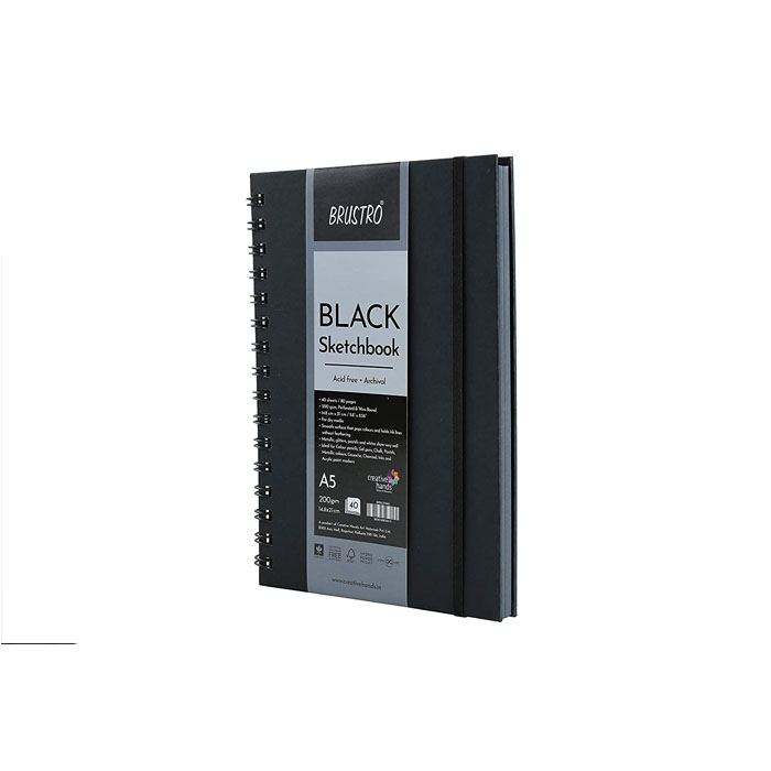 Brustro Black Sketchbook, Wiro Bound, Size 6″ x 6″ Inches, 200GSM (40