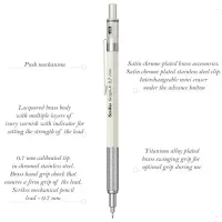 Scrikss Office Graph-X Ivory Satin Chrome Plated Mechanical Pencil with 0.7mm Lead of Grade 2B, Mini Interchangeable Eraser, Push Mechanism, Chrome Plated Swing Grip, 71332