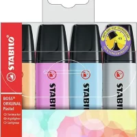 Highlighter - STABILO BOSS ORIGINAL Pastel - Pack of 4 - Pale Orange, Cloudy Blue, Frozen Fuchsia, Dusty Grey