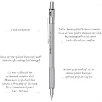 Scrikss Graph-X 0.7mm Mechanical Pencil with 2B Lead, Satin Chrome Brass Plated, Interchangeable Mini Eraser, Push Mechanism – 71318