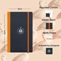 flexbook Flex Global 13 x 21 cms Blank Notebook with Orange Elastic Band | Black Fedrigoni Special Black Art Cover | Medium Size Note book | 85gsm Ivory Paper, 192 Pages…