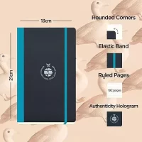 Flexbook Notebook Series Black Ruled Note book with Turquoise Closure used for Travelling Offices Writing, 13x21cm Medium Size 85gsm Ivory Paper, 192 Pages, Bookmark, Inner Paper Pocket