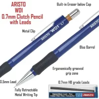 Aristo WD1 0.7mm Fully Retractable Blue Mechanical Pencil With Metal Cap, Nozzle & Clip, An Inbuilt Eraser And 12 HB Leads For Writing & Drawing – 85117B