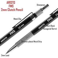 Aristo FMS 2 mm Retractable Black Clutch Mechanical Pen Pencil for Writing Drawing Doodling Outline Sketching for School Office, Lead Hardness Indicator, Push Button Sharpener, Hexagonal Body