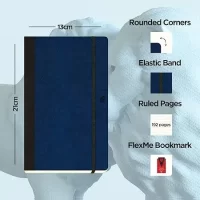 flexbook Adventure Series 13 x 21 cms – A5 (Minus) Medium Size 192 Ruled Line Pages Notebook | 85gsm Fabriano Ivory Paper | Royal Blue Textured Leatherette Cover | Elastic Band Closure