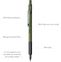 Scrikss Office Matri-X Mechanical Clutch Pen Pencil with 0.7mm Lead | Hexagonal Matte Green (Khaki Military Green) Barrel | Mini Interchangeable Eraser Push Mechanism | Brass Grip | 88484