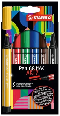 STABILO Pen 68 MAX – ARTY – Premium Fibre-Tip Pen with Chisel Tip – Pack of 6 – Assorted Colours