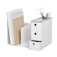 Litem Combo Bookrack Cool Grey Two-Tier Bookshelf with Divider 3 Drawers Circular Holder for Storing writing Instrument with Removable Divider Stylish Practical & Versatile Desk Organiser