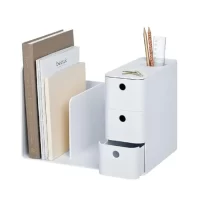 Litem Combo Bookrack White Two-Tier Bookshelf with Divider 3 Drawers Circular Holder for Storing writing Instrument with Removable Divider Stylish Practical & Versatile Desk Organiser