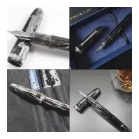 PENLUX Premium Black Fountain Ink Pen Broad Nib | Piston Filling with Metal Piston Alloy | Masterpiece Grande Black Wave | Best for Gifting and Pen Collectors