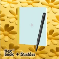 Flexbook Smartbook Series Light Blue Ruled Note book with Yellow Closure X Scrikss Carnival 0.7mm Roller Ball Point Pen – Matte Satin Black SS Barrel & Cap | V32 COMBO